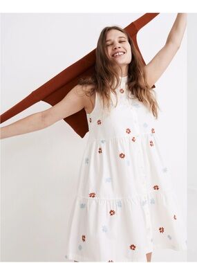 Madewell Daisy Embroidered Banded-Collar Tiered Dress size Large